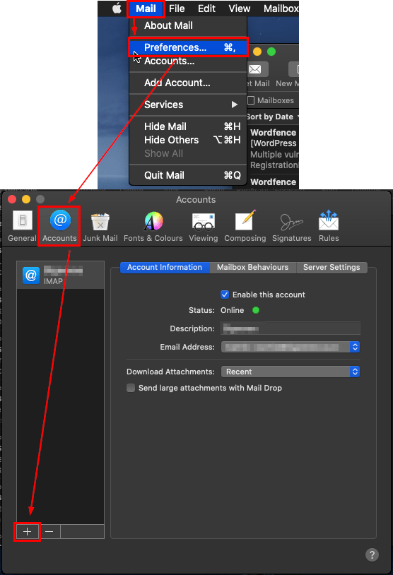 Accounts panel with plus button to add account