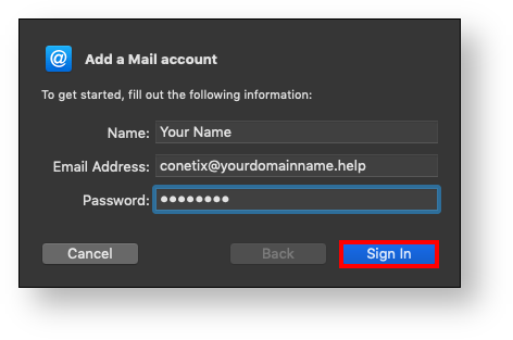 Mail account credentials entry form
