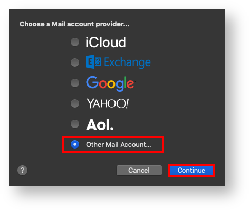 Account type selection — Other Mail Account highlighted