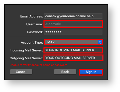 Incoming and outgoing mail server fields