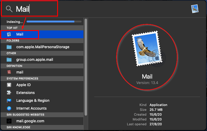 Spotlight search showing Mail app