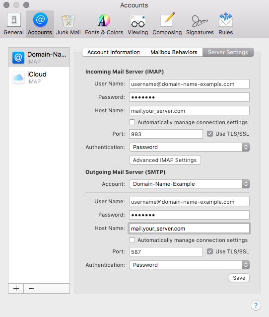 Apple Mail Server Settings tab showing IMAP port 993 and SMTP port 587 both with Password authentication