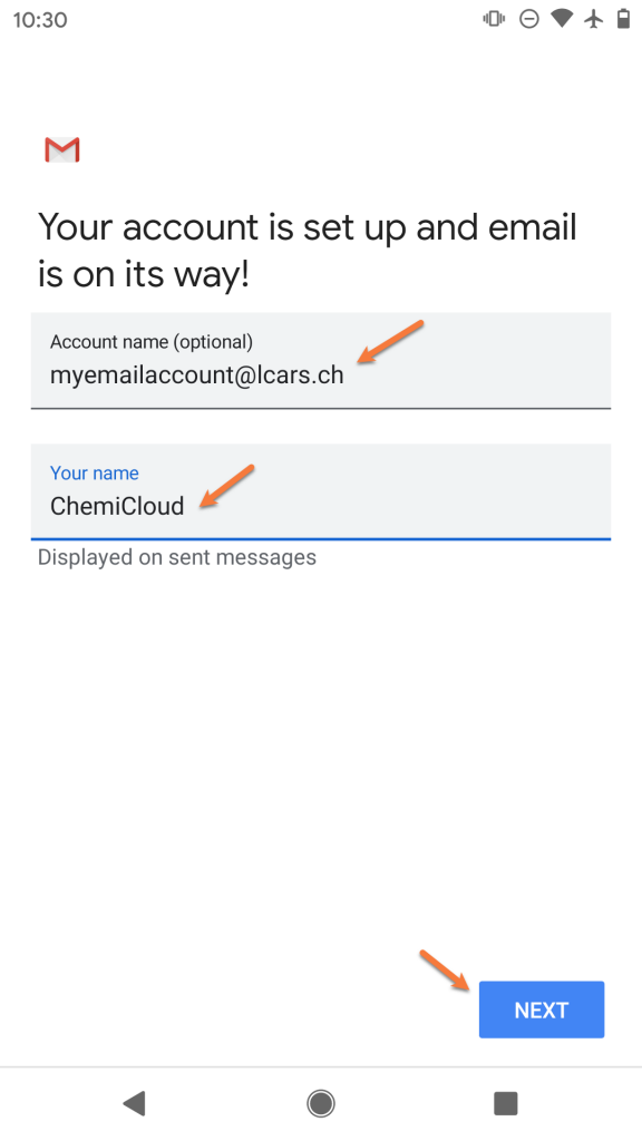 Account name and final setup screen