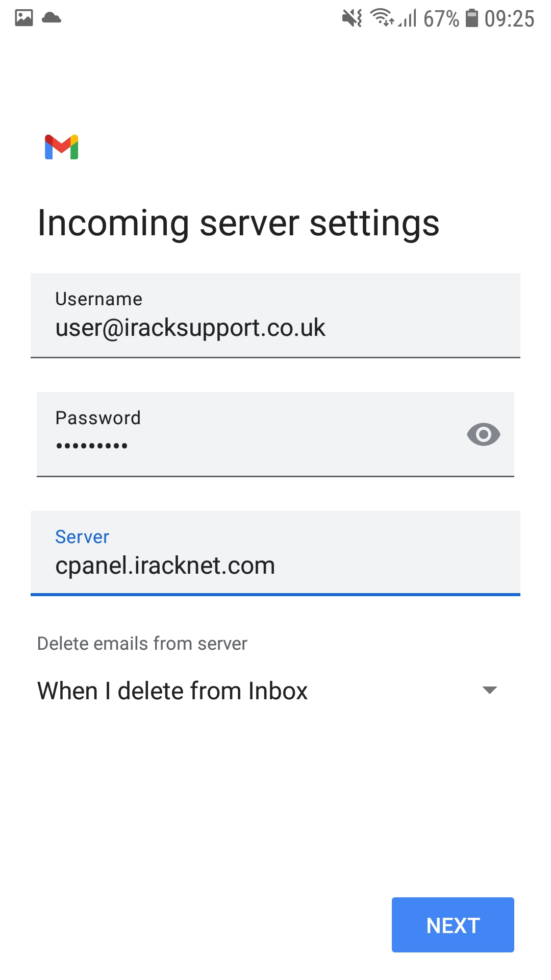 Incoming IMAP server settings screen showing username, password and server fields