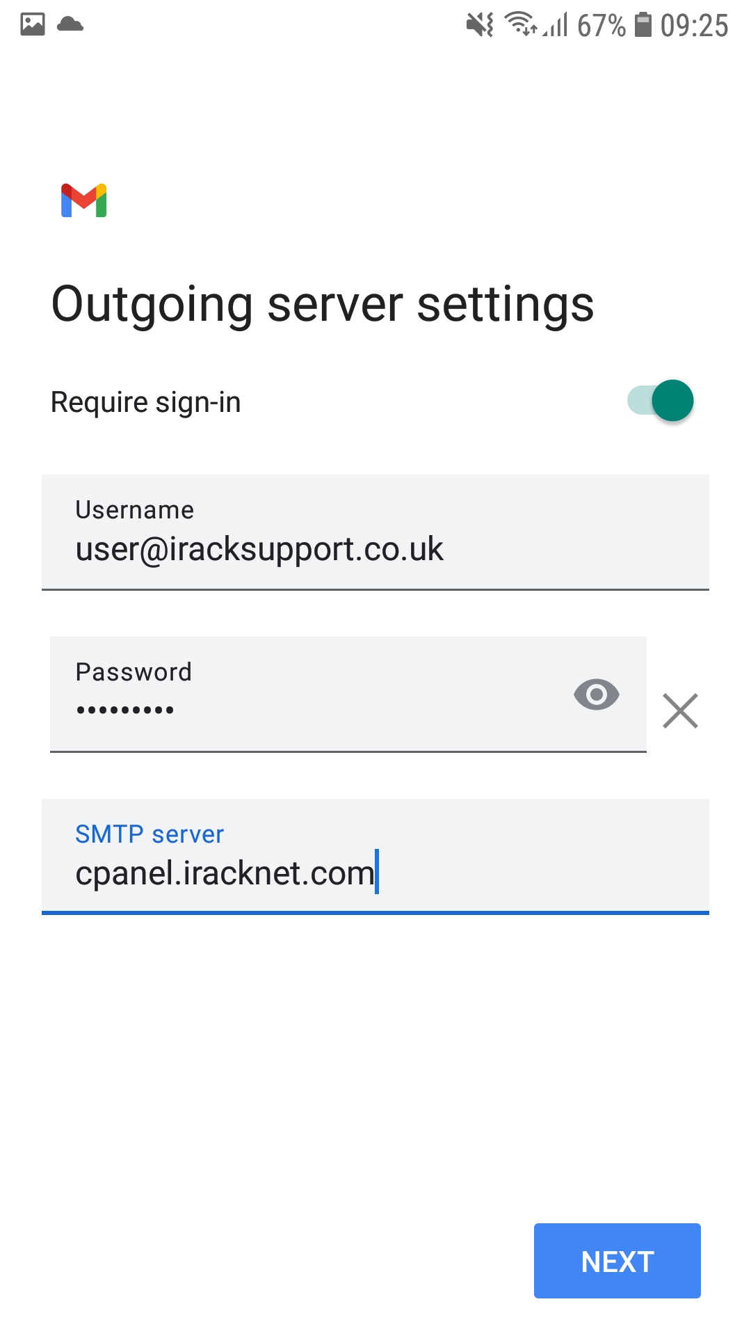 Outgoing SMTP server settings screen showing username, password and SMTP server fields