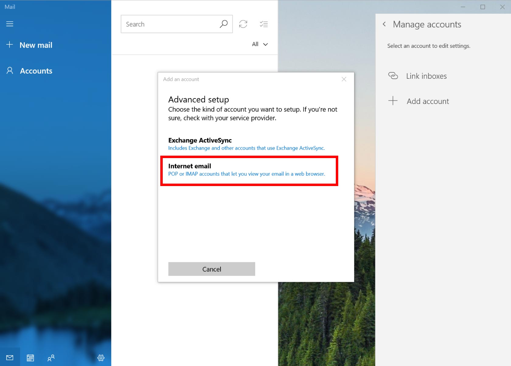 Advanced setup type selection with Internet email option
