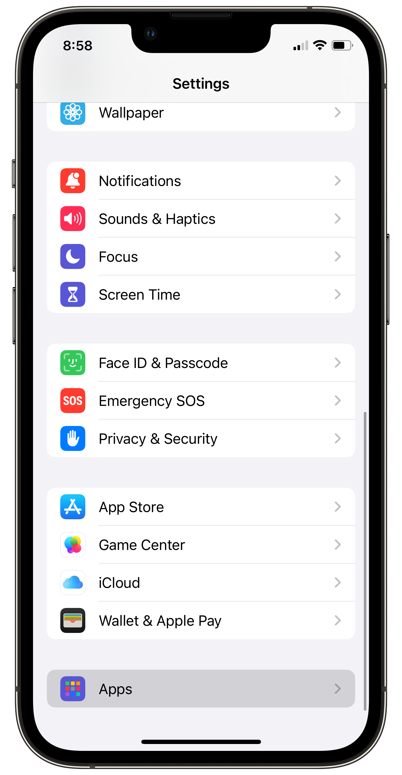 iOS Settings app home screen