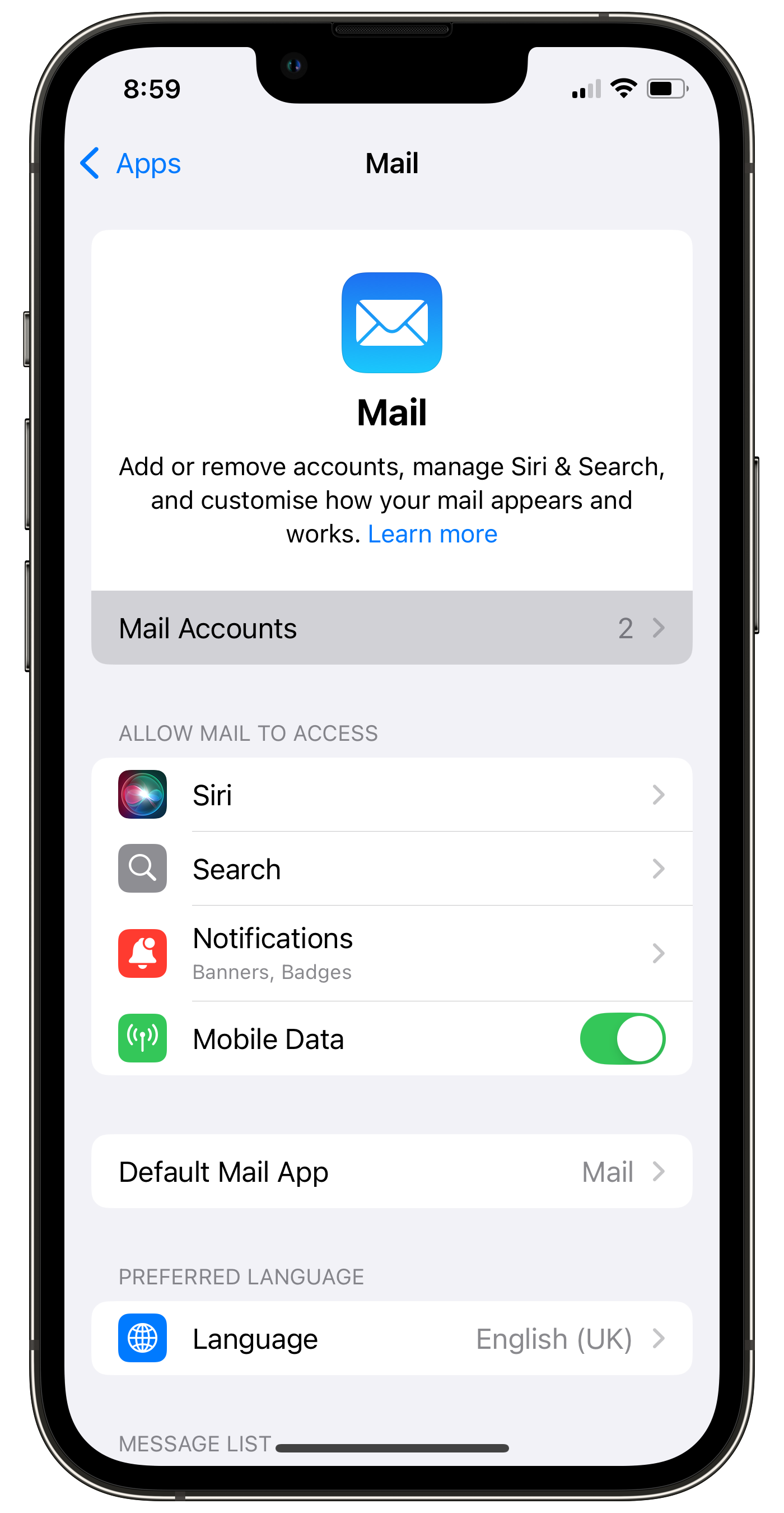 Mail accounts list in iOS Settings
