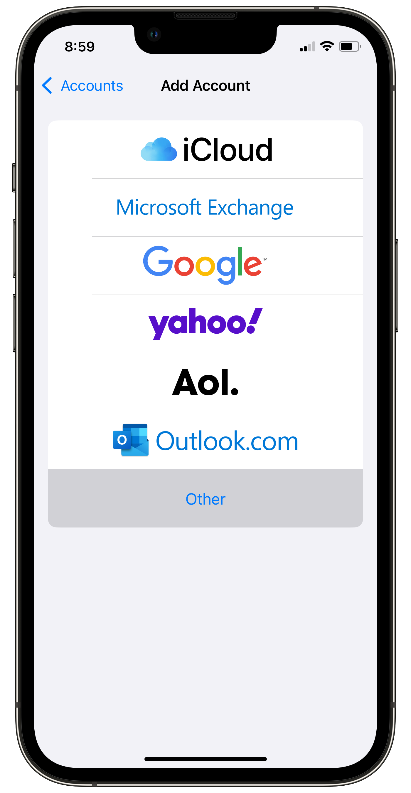 Choose account type — select Other