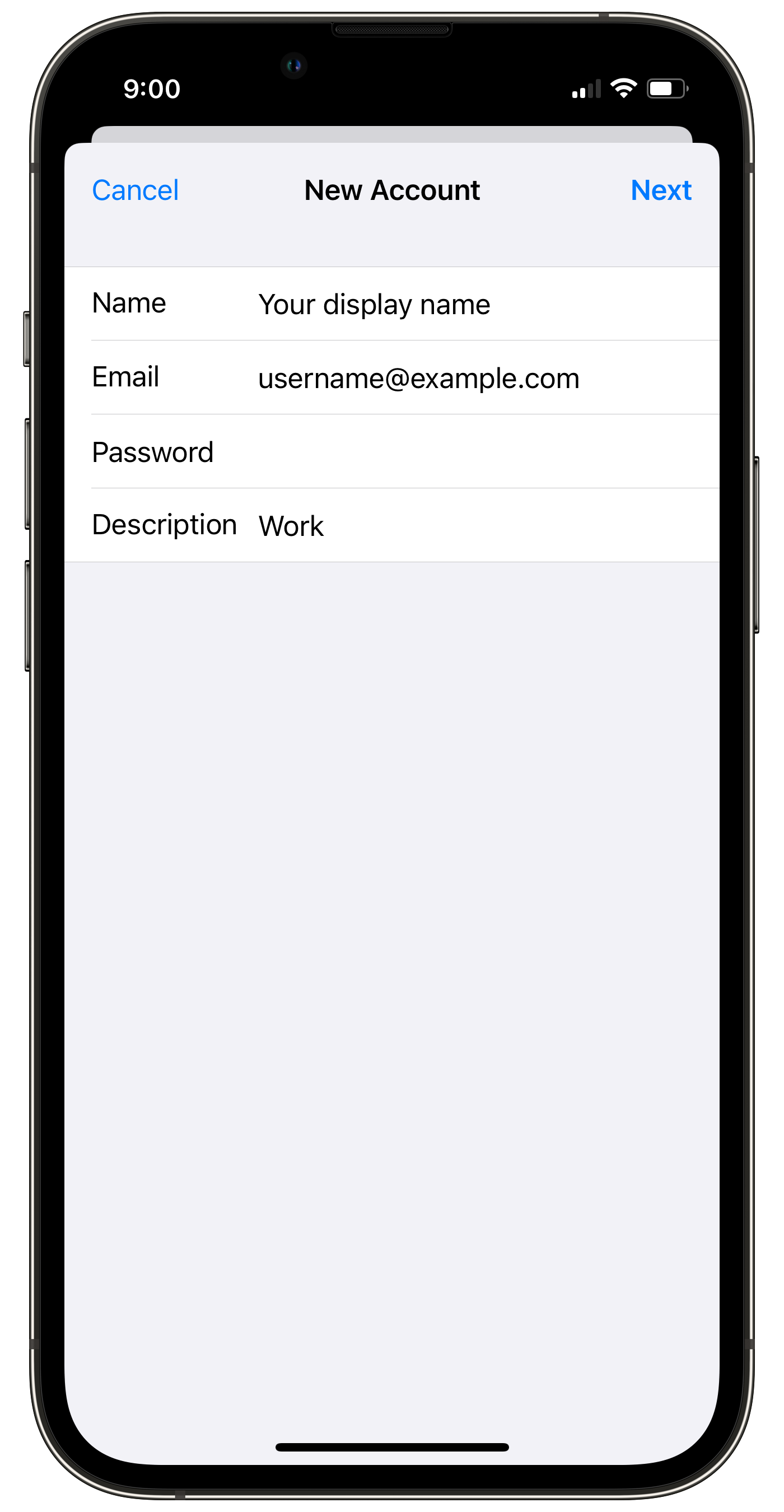 New account form with name, email, password fields