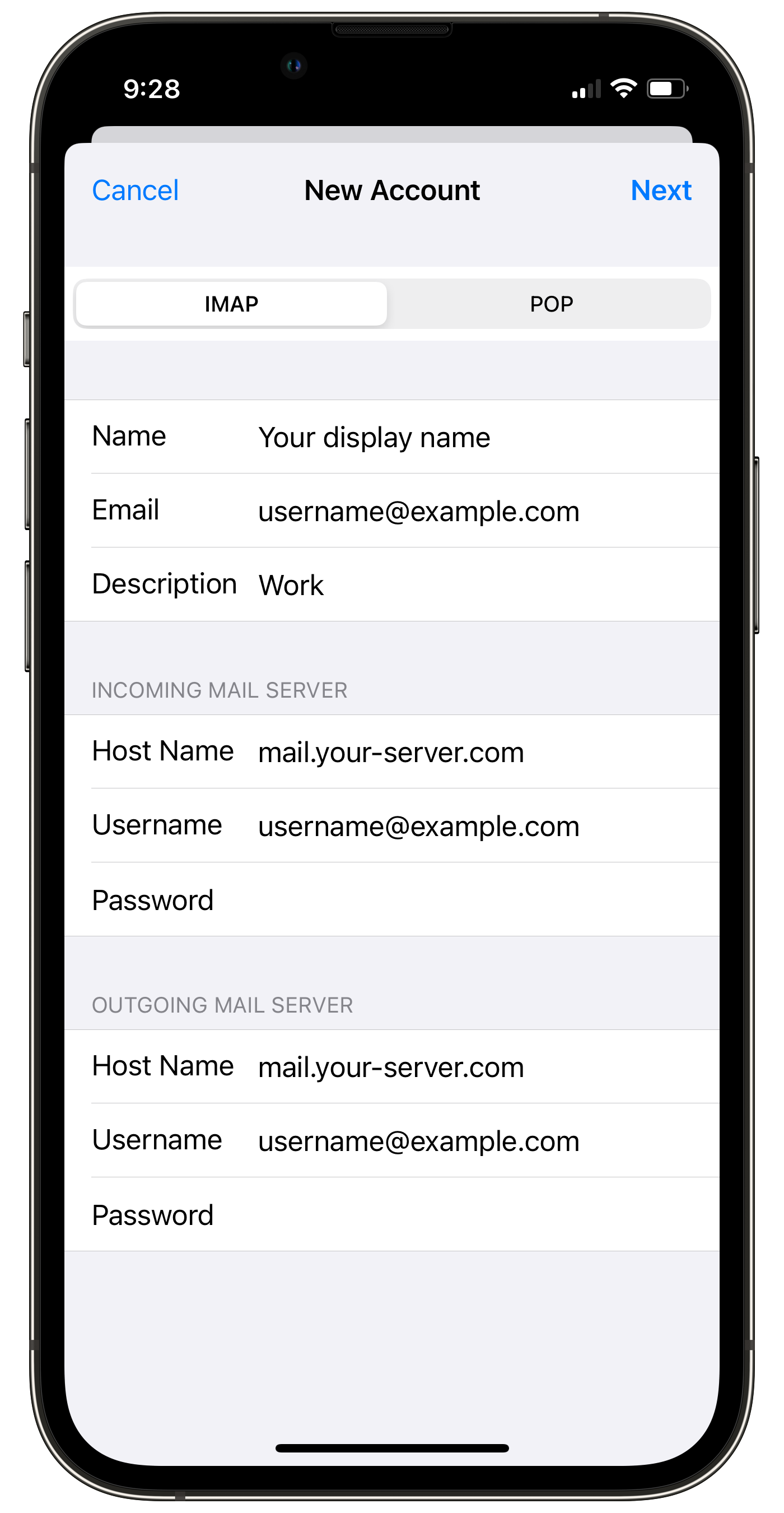 Incoming mail server settings screen