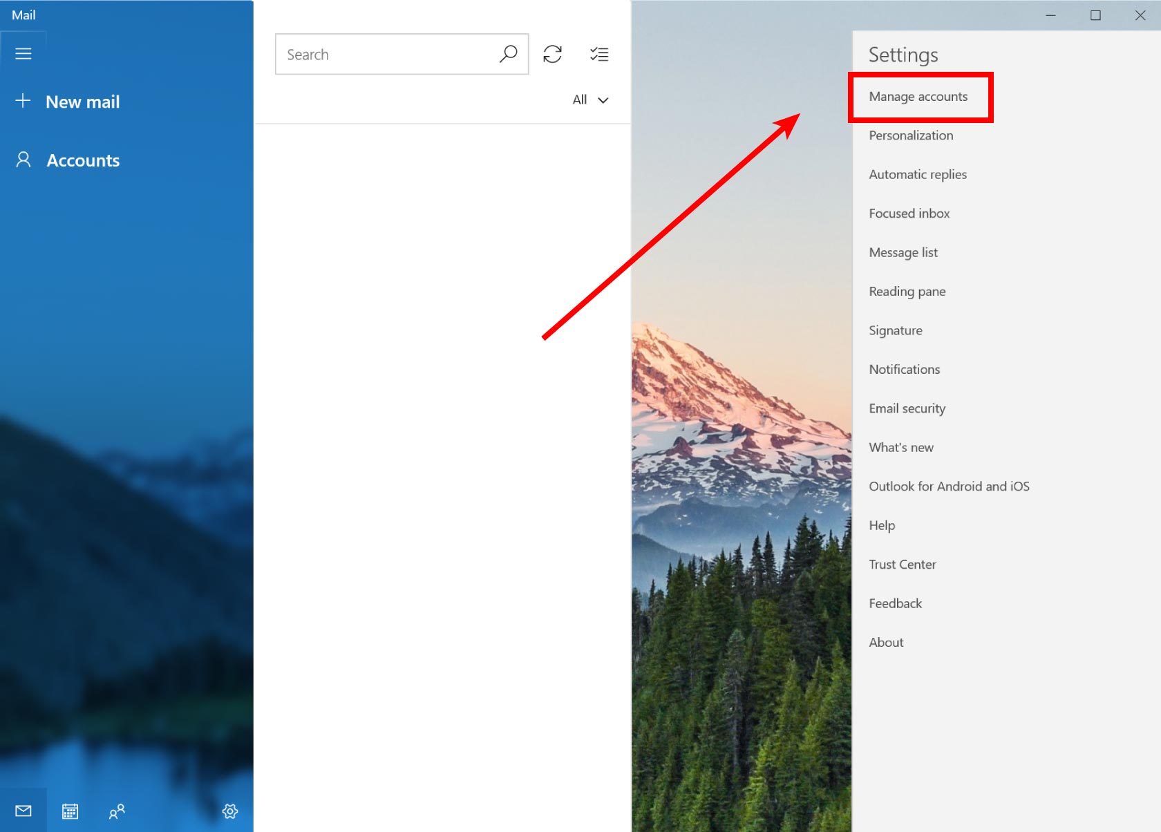 Manage Accounts screen in Windows Mail