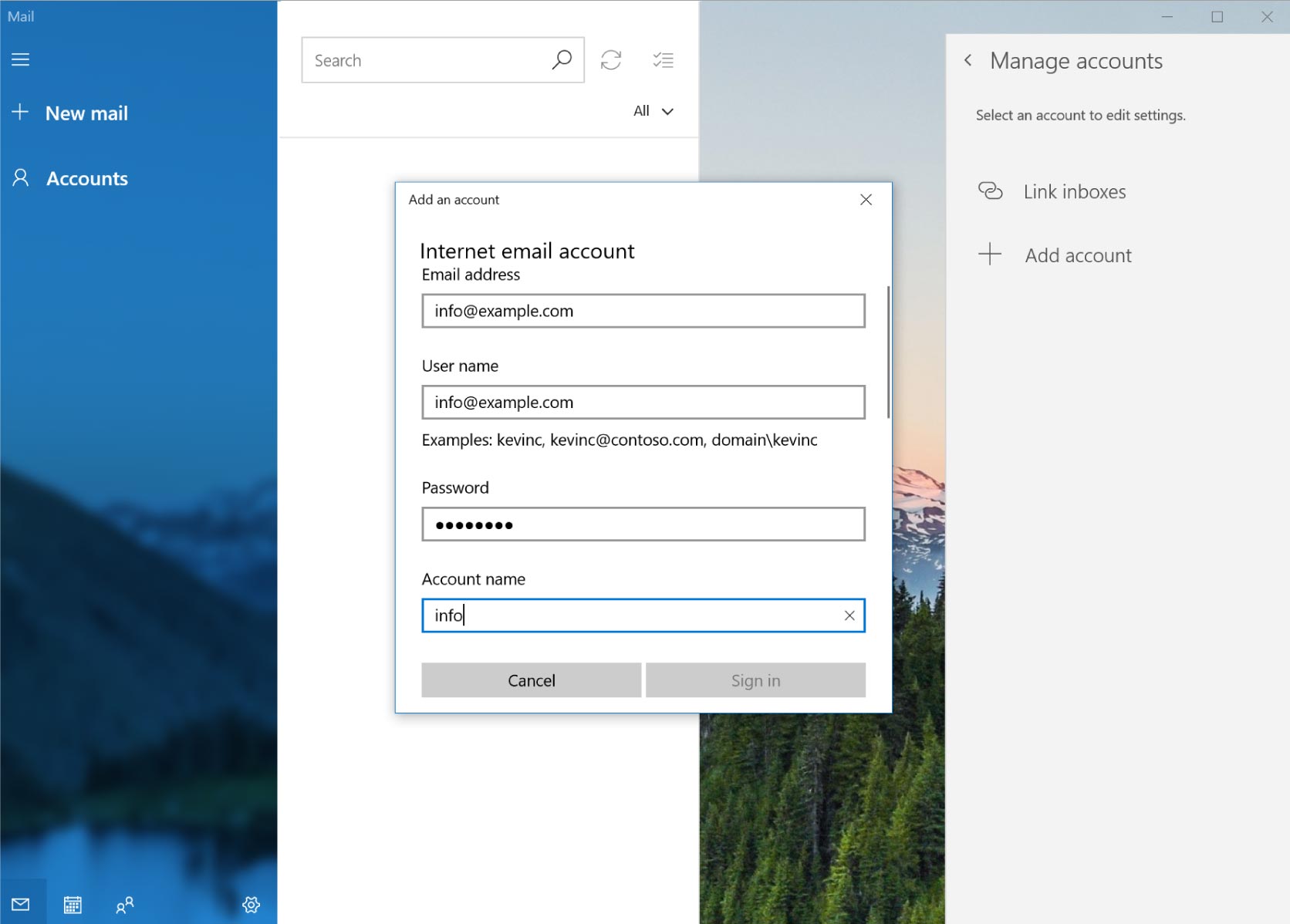 Internet email account details form filled in