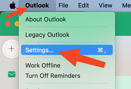 Outlook menu with Settings option