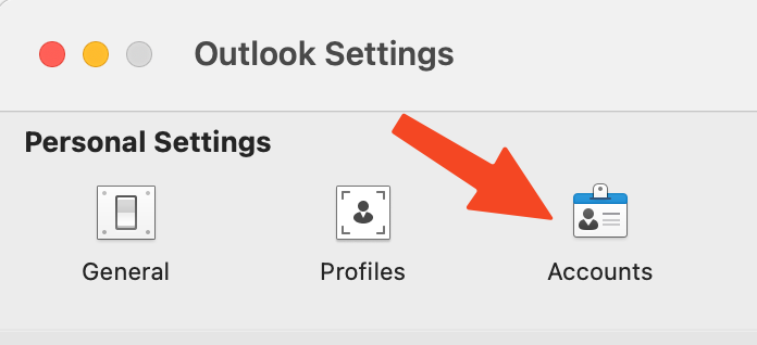 Outlook Preferences window with Accounts icon