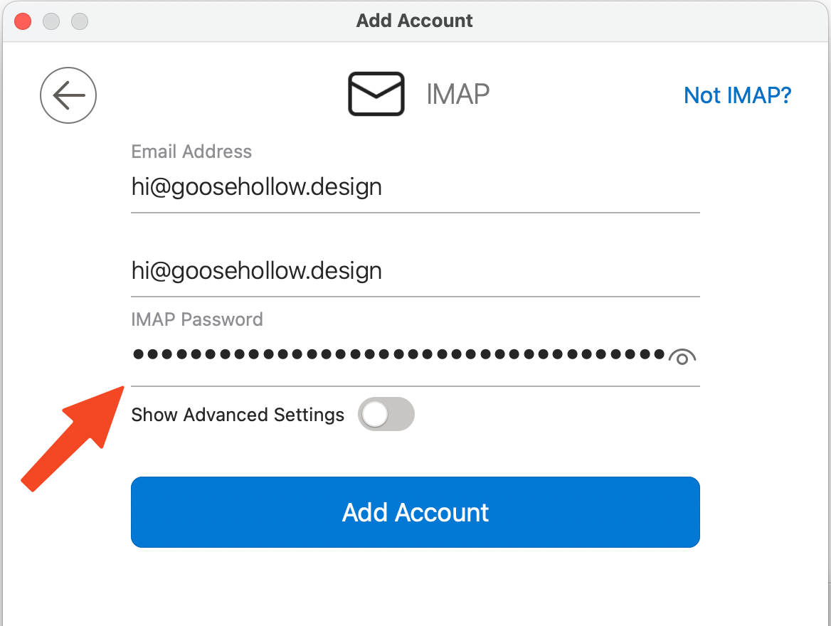 Outlook Mac IMAP setup screen with Show Advanced Settings toggle