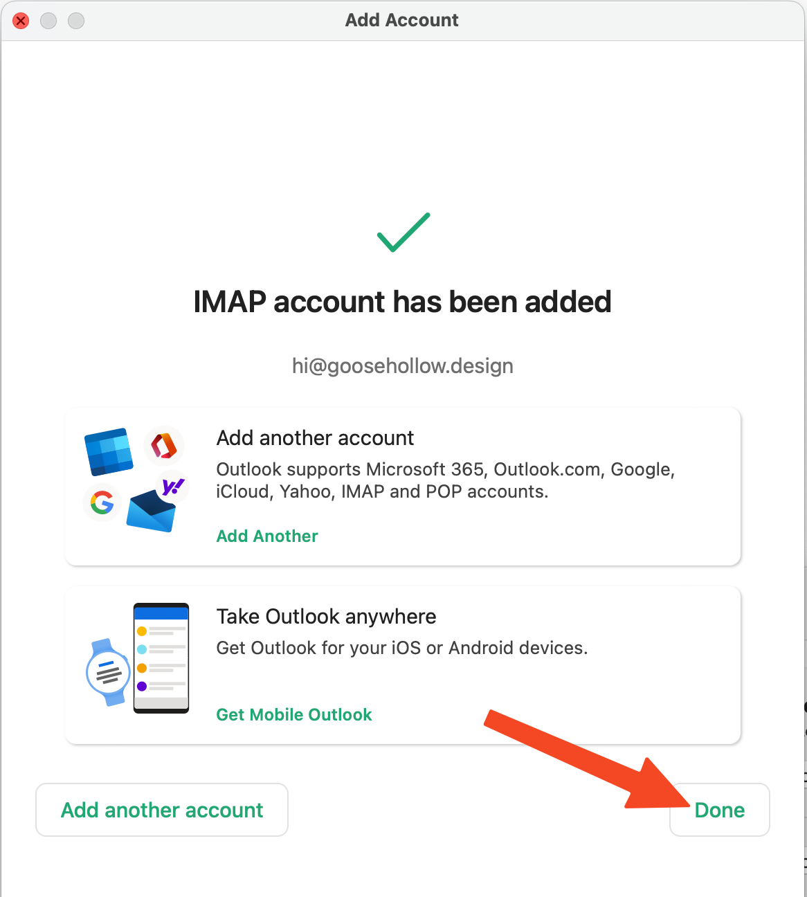 IMAP account has been added confirmation screen