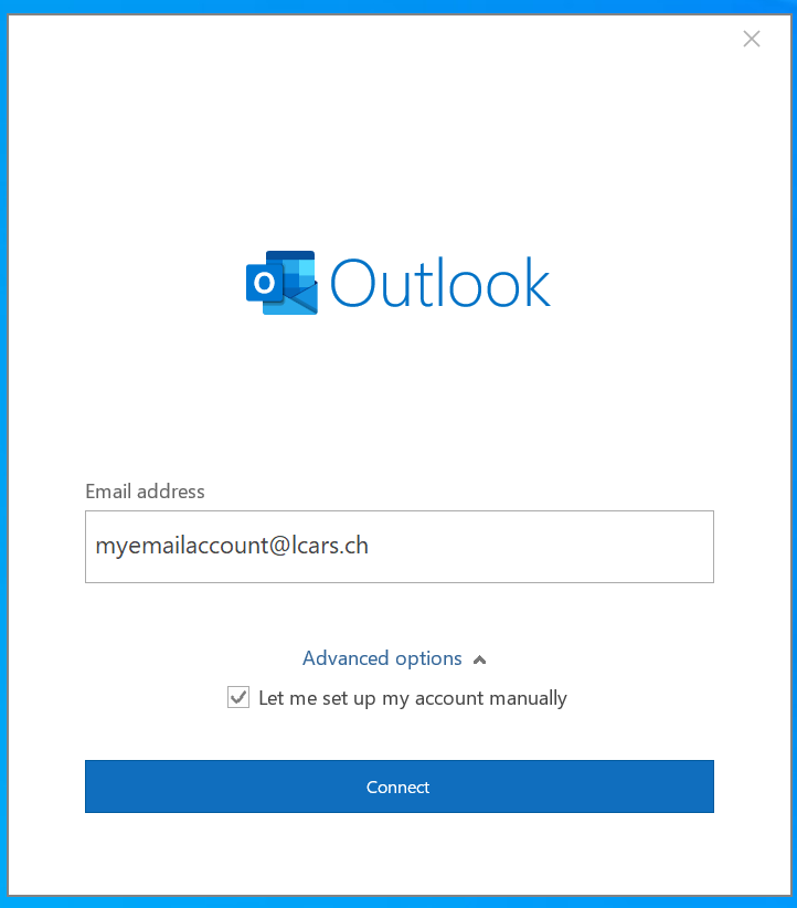Outlook account setup dialog with Advanced options expanded