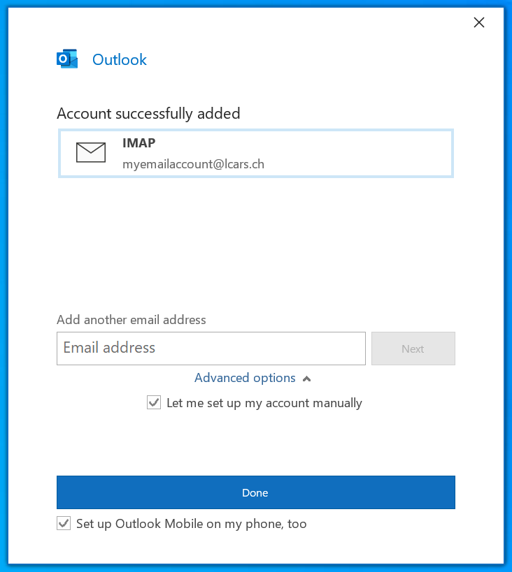 Account successfully added confirmation screen