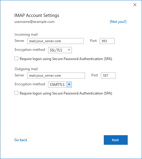 IMAP Account Settings dialog showing incoming server port 993 SSL/TLS and outgoing server port 587 STARTTLS