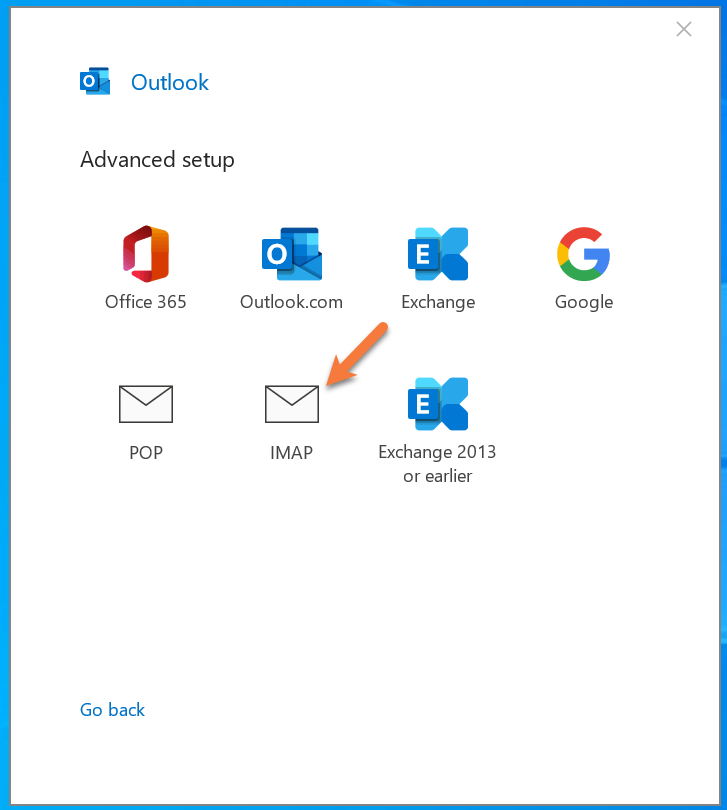 Outlook account type selection — IMAP option