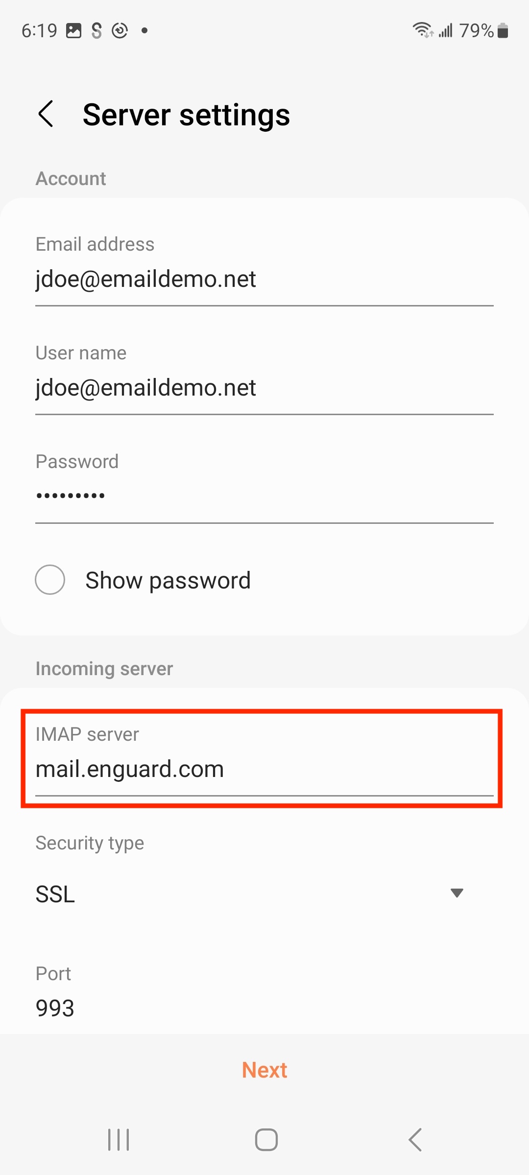 Samsung Email server settings screen showing incoming IMAP fields