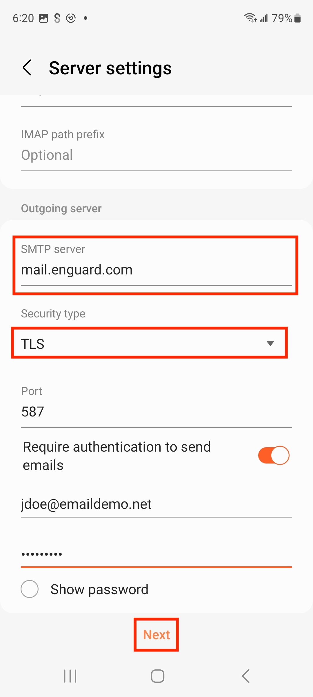 Samsung Email server settings screen showing outgoing SMTP fields