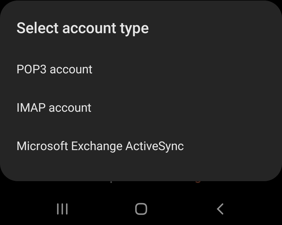 Samsung Email account type selection — POP3, IMAP, Exchange