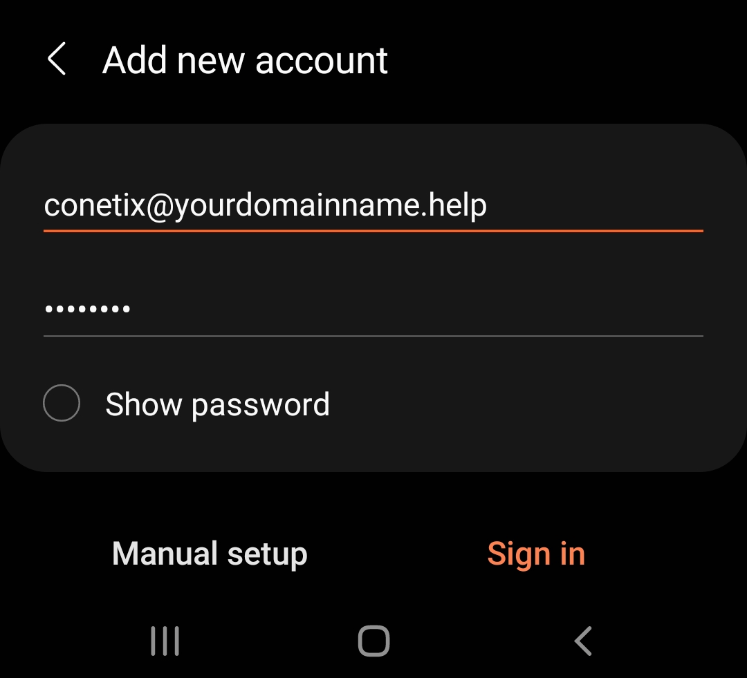 Samsung Email sign-in screen