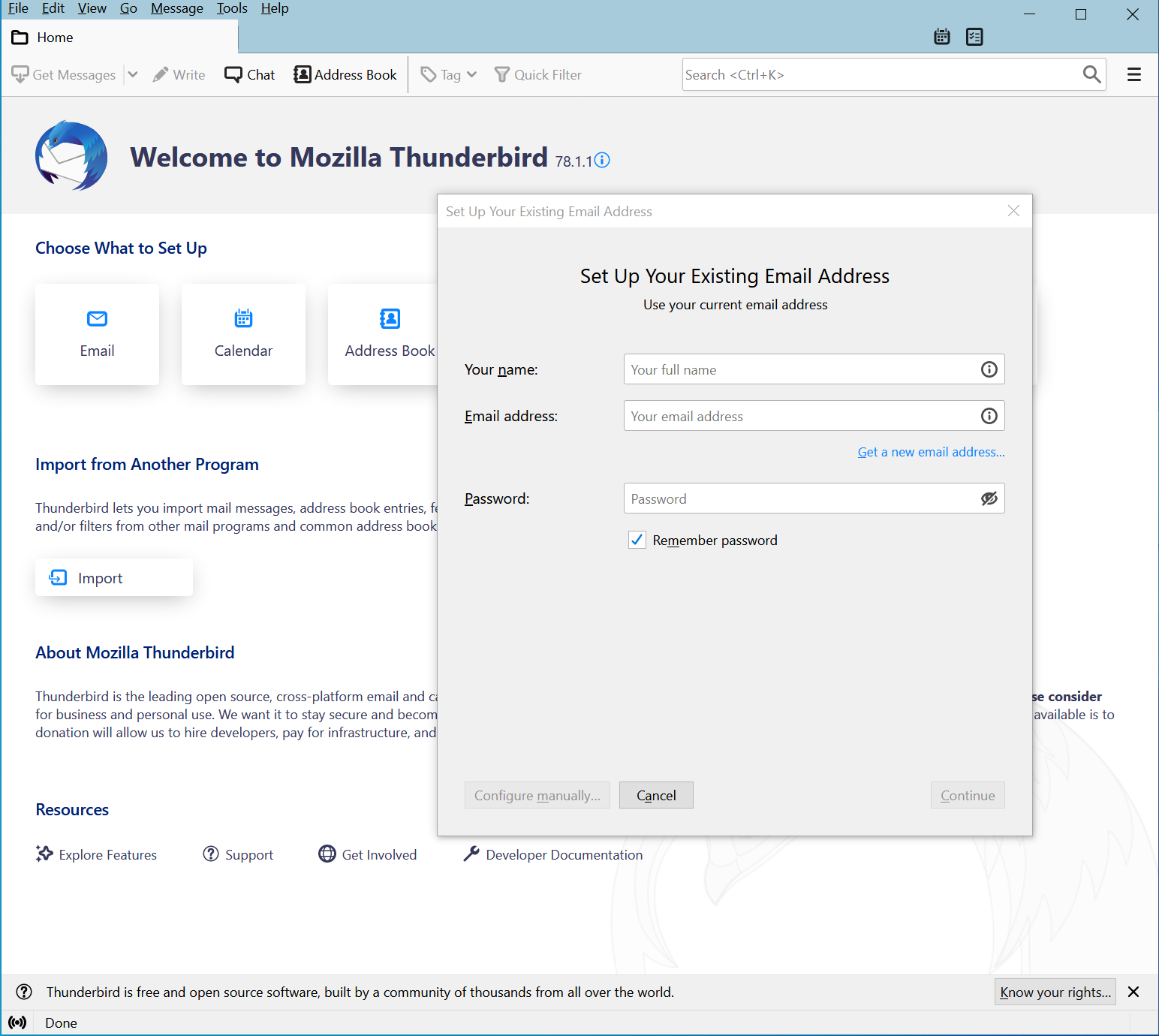 Thunderbird initial setup screen