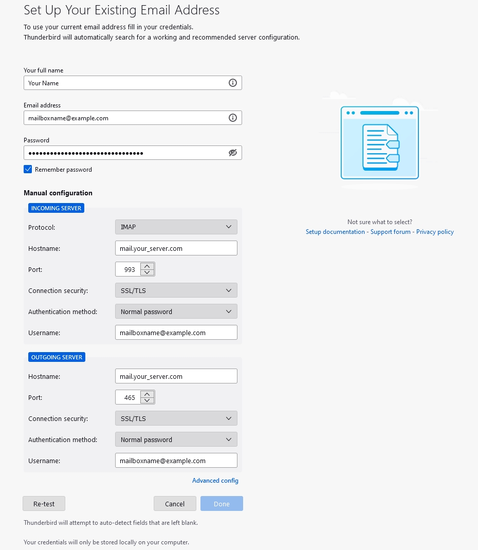 Thunderbird manual configuration panel showing incoming and outgoing server fields