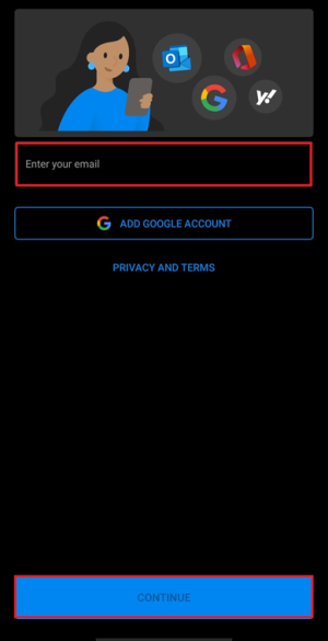 Enter email address screen in Outlook Android